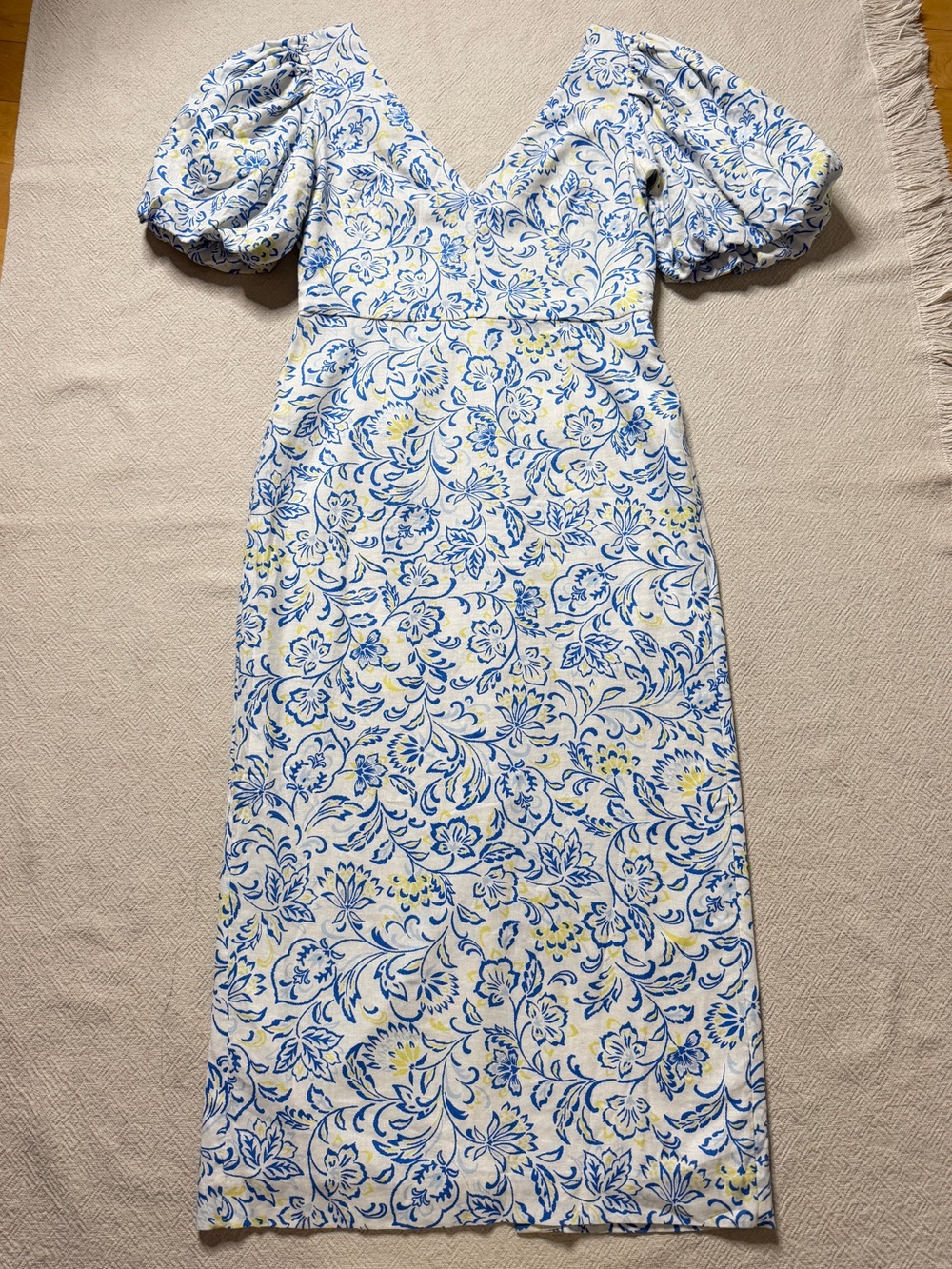 Ann Taylor Linen Puff Sleeve Floral Print Sheath Midi Dress 2 Summer Coastal - Picture 2 of 9